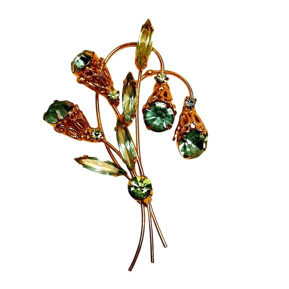 Vintage Gold Tone Floral Brooch Aqua Rhinestones & Enamel Detailing - Picture 1 of 7